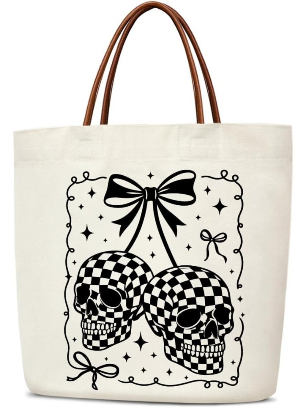 〽️Women's Cream Skull Halloween Reusable Leather Handles Grocery Tote Gift Bag